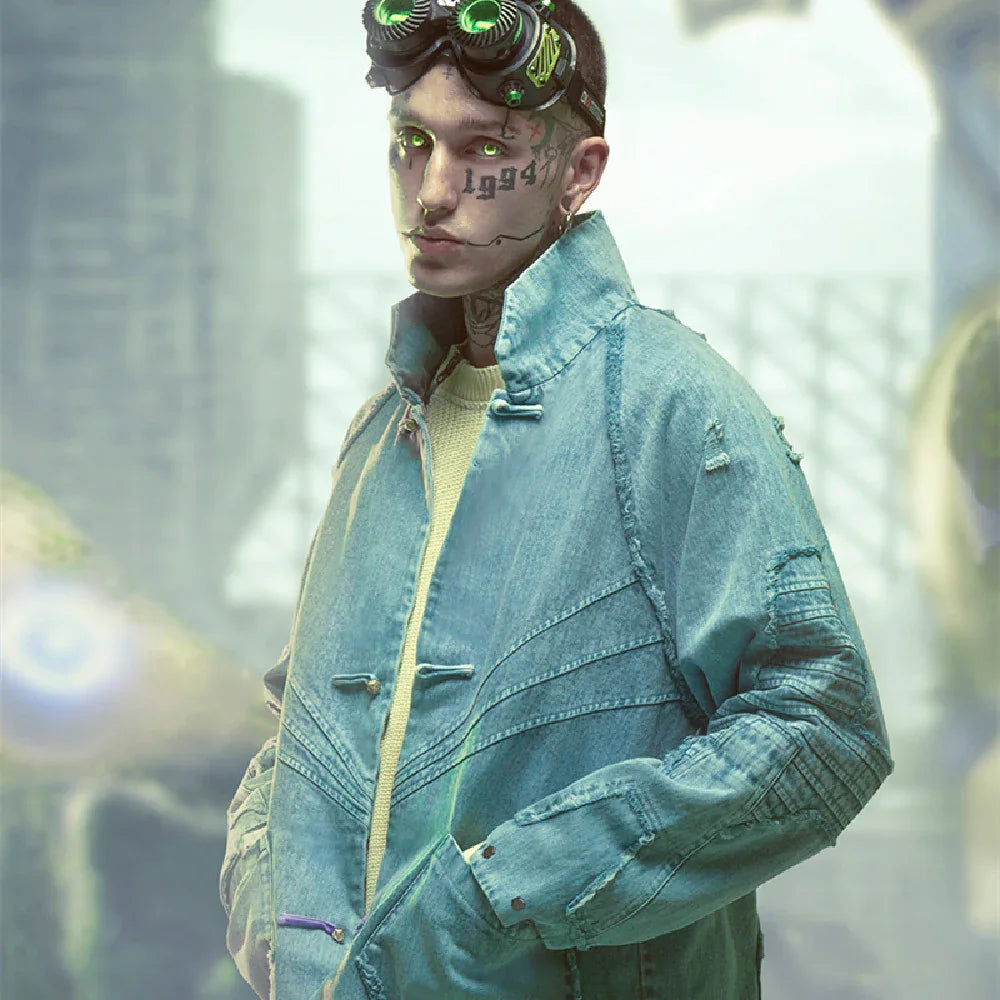 Man wearing oversized light blue distressed denim jacket, futuristic streetwear style