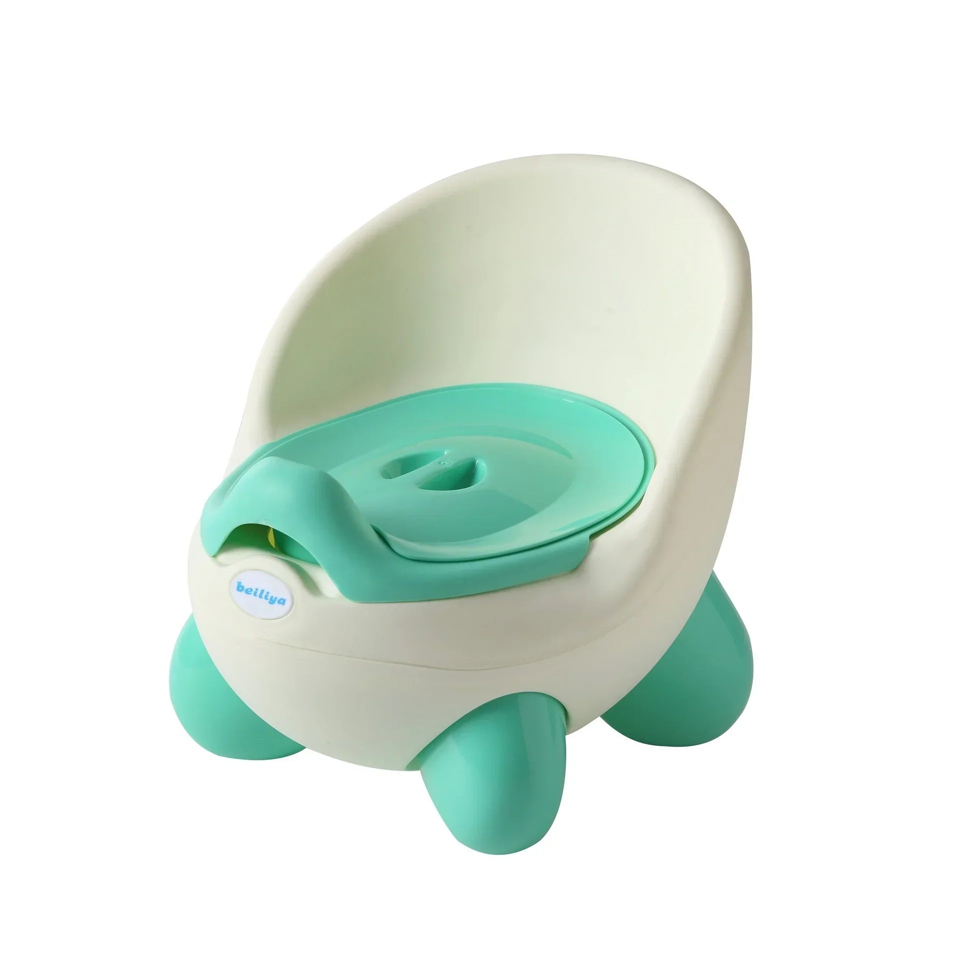 Modern mint green and white plastic toddler potty chair with rounded design