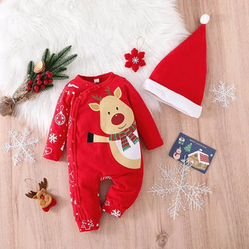 Red Christmas baby romper with reindeer print, long sleeves, and matching Santa hat, cozy fit