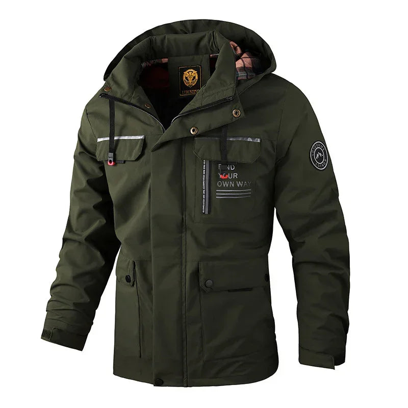 Olive green hooded streetwear jacket with reflective accents, zip and button closure, regular fit