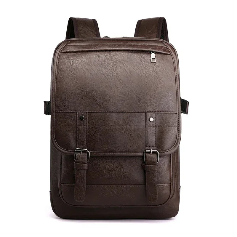 Brown faux leather backpack with front buckle straps, square shape, and minimalist design