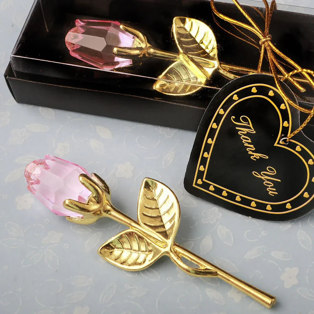 Gold metal rose with pink crystal bud, decorative gift in box with thank you tag