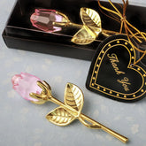 Gold metal rose with pink crystal bud, decorative gift in box with thank you tag