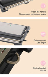 Electric grill with wide stainless steel handle, durable panel, and metal spring bracket.