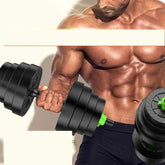 Muscular man in fitted black workout shorts lifting adjustable black dumbbell