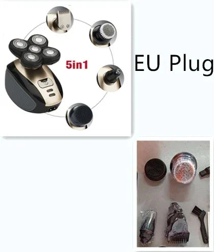 5-in-1 electric grooming kit in black and gold with interchangeable razor, trimmer, and brush heads, shown with attachments and EU plug.