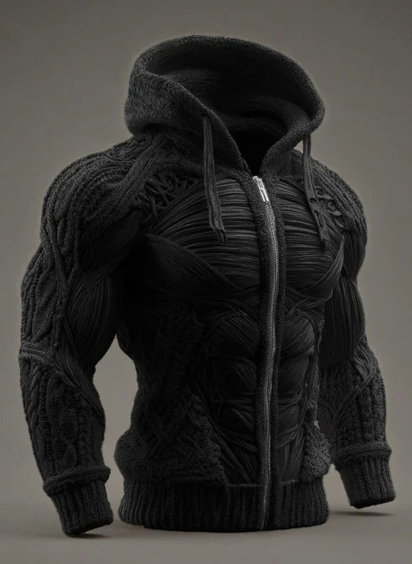 Black zip-up hoodie with muscle fiber texture, fitted, knit material, futuristic streetwear style
