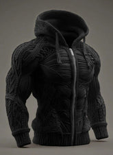 Black zip-up hoodie with muscle fiber texture, fitted, knit material, futuristic streetwear style