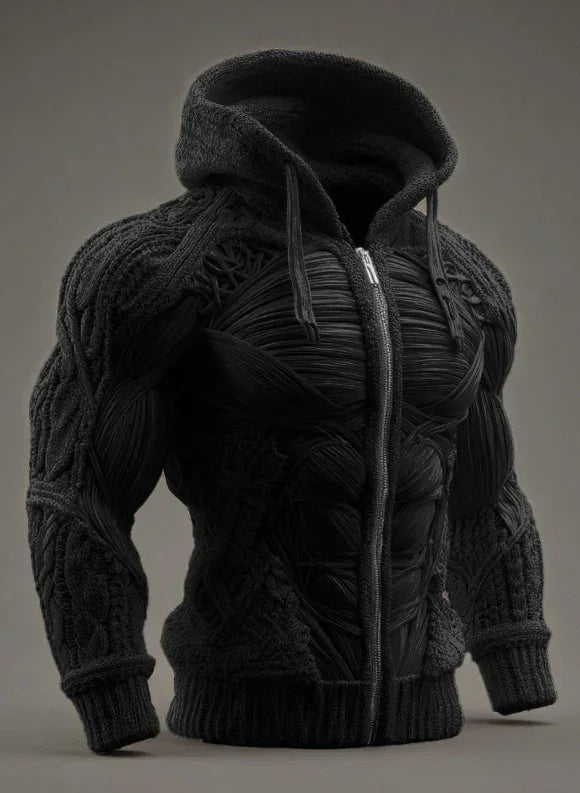 Black zip-up hoodie with muscle fiber texture, fitted, knit material, futuristic streetwear style