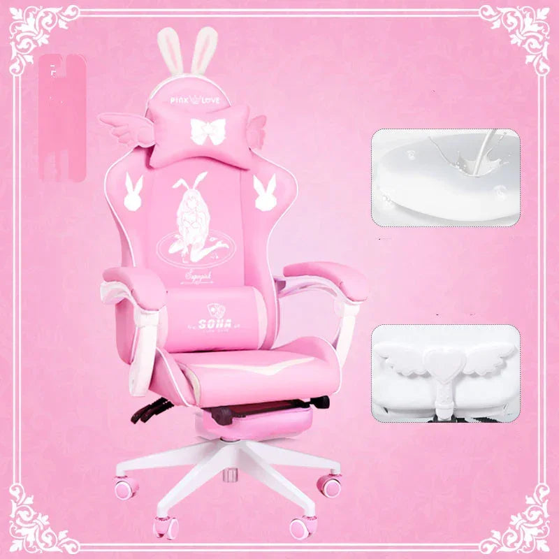 Pink ergonomic gaming chair with bunny ears, wing-shaped accents, and soft padded armrests.