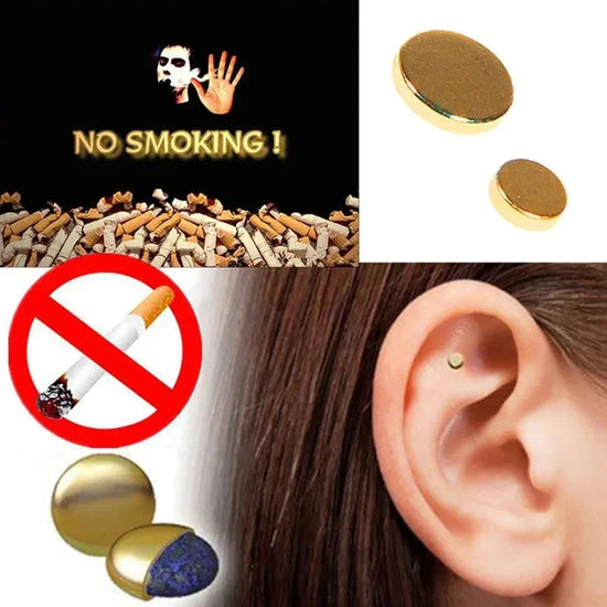 Close-up of ear with small round gold magnetic stud, smoking cessation aid, no smoking symbols