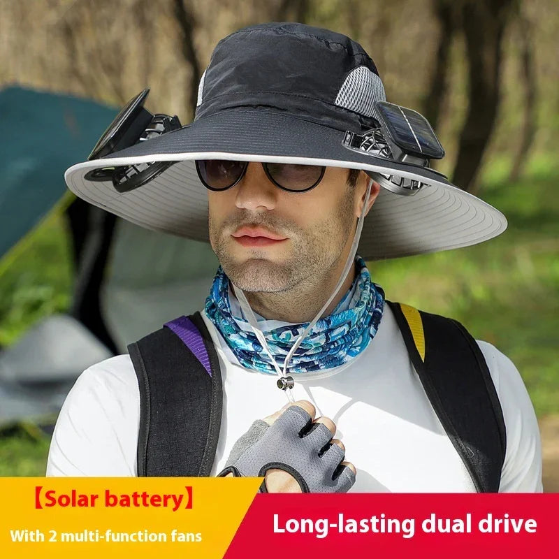 Man wearing wide-brim sun hat with solar panels, mesh panels, lightweight outdoor fit.
