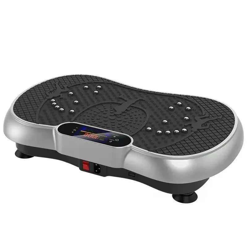 Black and silver vibration exercise platform with textured footpad and digital display