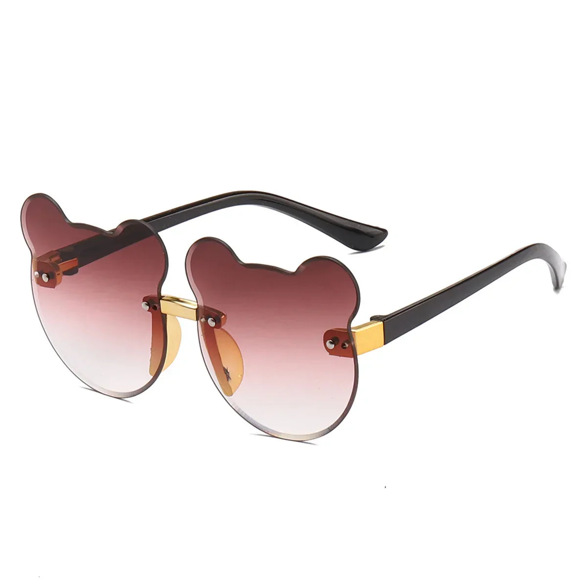 Brown gradient bear-shaped rimless sunglasses with black arms and gold accents