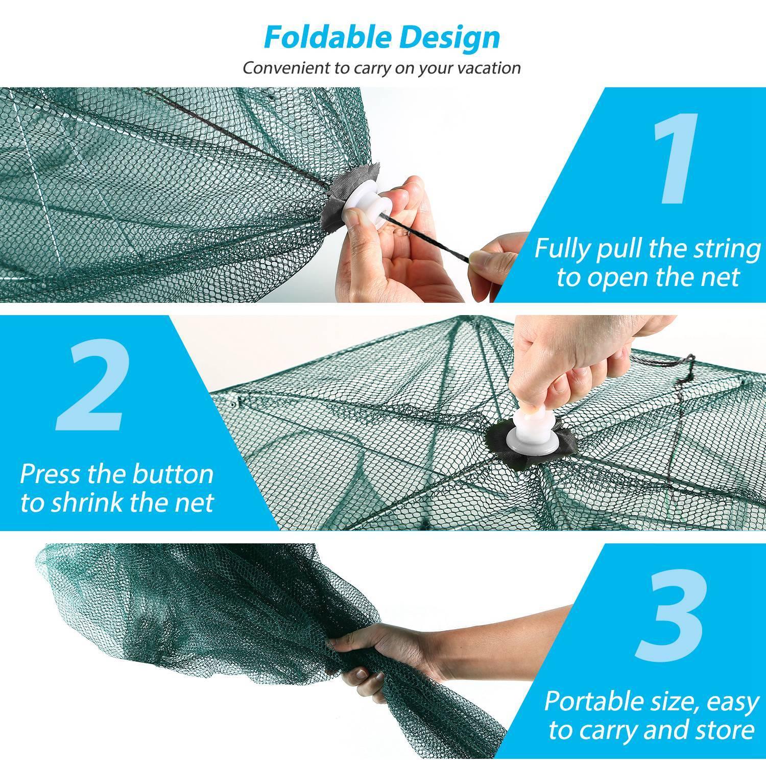Step-by-step visual instructions showing how to open, collapse, and store a foldable green mesh net using a pull string and button design.