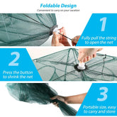 Step-by-step visual instructions showing how to open, collapse, and store a foldable green mesh net using a pull string and button design.