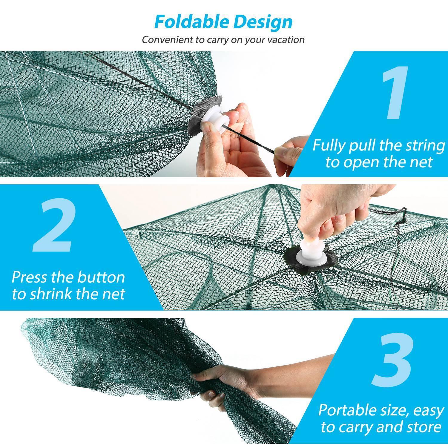 Step-by-step visual instructions showing how to open, collapse, and store a foldable green mesh net using a pull string and button design.