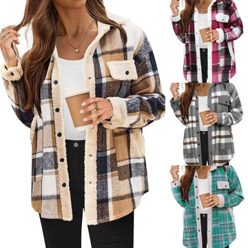 Women wearing oversized plaid sherpa jackets in beige, pink, gray, and teal, casual fit.