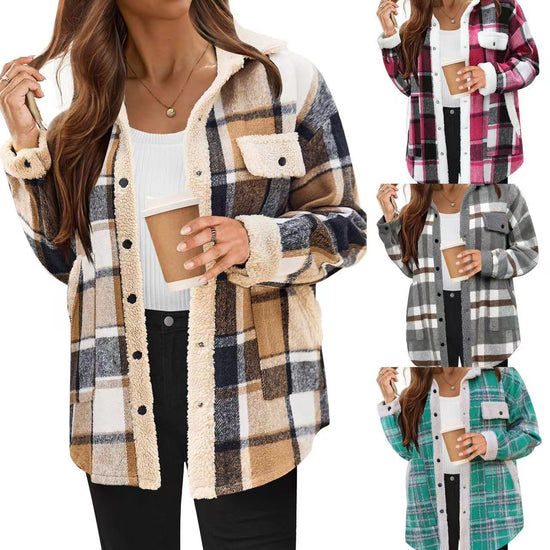 Contrast Color Plaid Jacket Casual Polo Collar Velvet Coat
