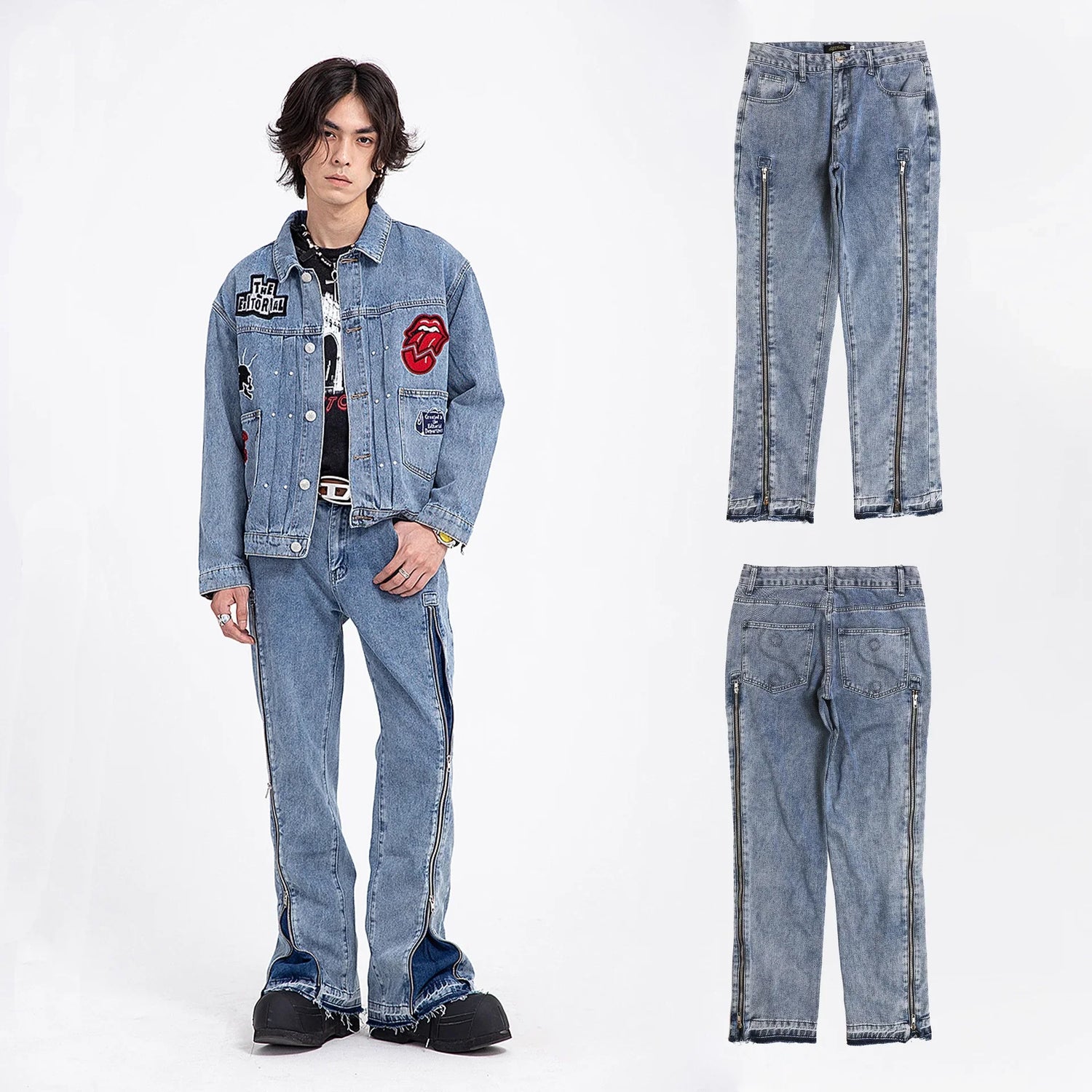 Man wearing light blue denim jacket with patches and straight-leg zipper jeans, streetwear style