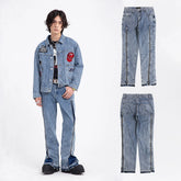 Man wearing light blue denim jacket with patches and straight-leg zipper jeans, streetwear style