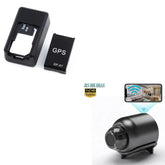 Compact black GPS tracker and wireless HD camera with live video streaming capability.