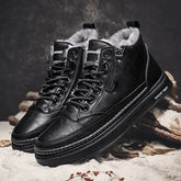 Black leather high top sneakers with faux fur lining, lace-up and zipper, winter streetwear