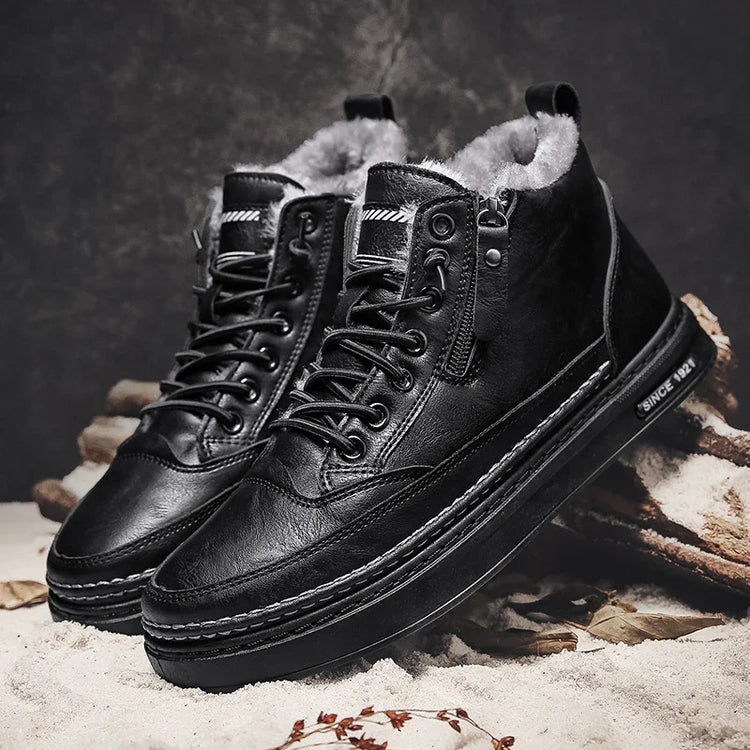 Black leather high top sneakers with faux fur lining, lace-up and zipper, winter streetwear