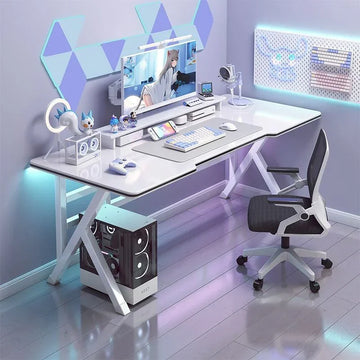 Modern anime-inspired gaming desk setup with white and pastel accessories, ergonomic black mesh chair, illuminated tech decor, and RGB computer case.