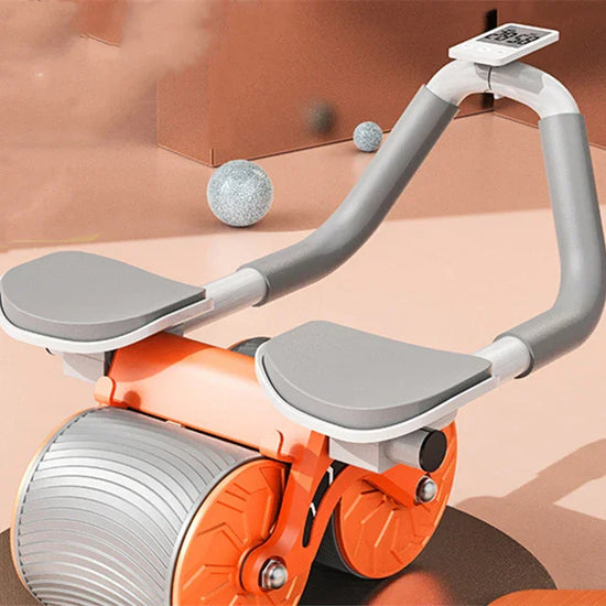 Orange and gray abdominal exercise roller with dual handles and digital display, modern fitness gear