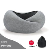 Dark gray ergonomic travel pillow with soft fabric and mesh panel, shown with storage bag.