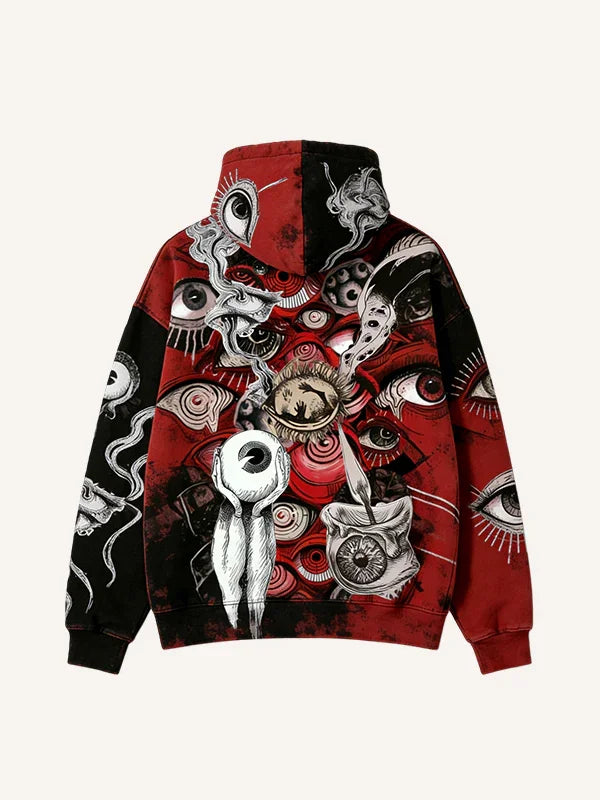 Red and black streetwear hoodie with abstract eye and tentacle graphic design, relaxed fit