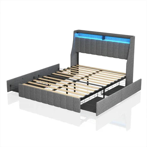 Modern upholstered platform bed frame in gray fabric with slat support and LED headboard