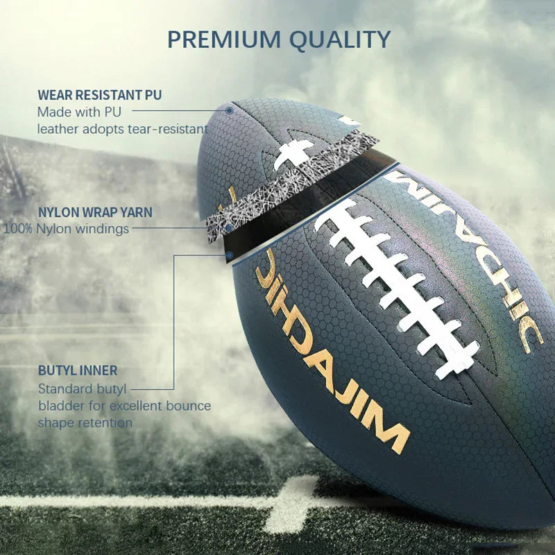 Gray PU leather football with nylon windings and butyl liner, durable sports ball design