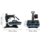 Black heat press machine for apparel with digital controls, 15x15 inch, shown from side and front.