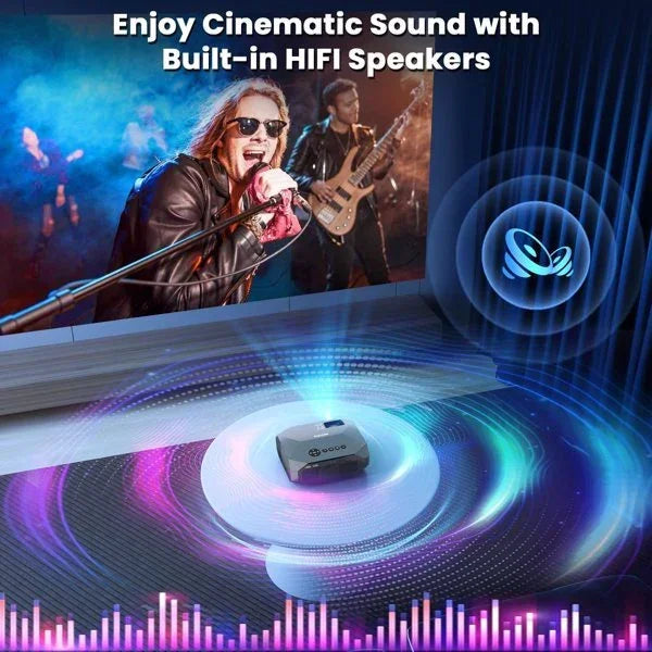 Projector on floor displaying vibrant concert scene, highlighting built-in HiFi speakers.