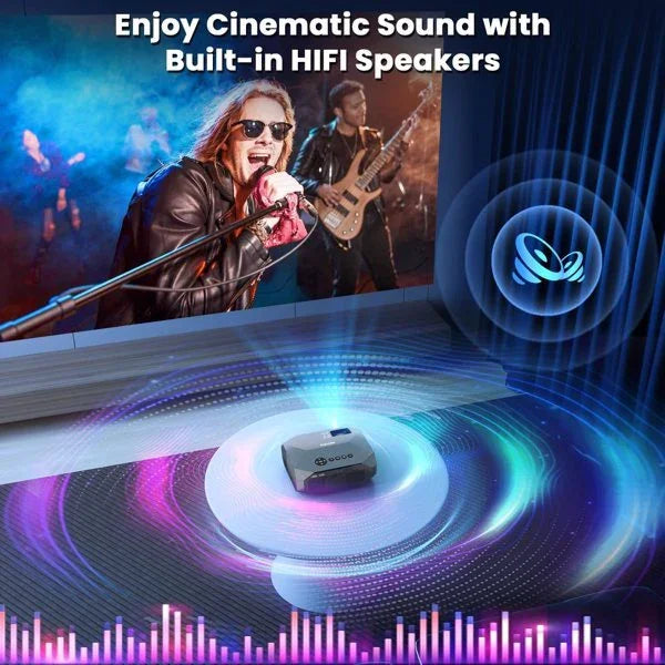 Projector on floor displaying vibrant concert scene, highlighting built-in HiFi speakers.