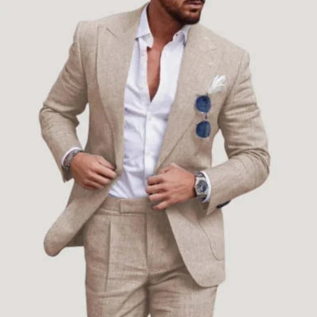 Beige linen suit with slim fit, paired with white dress shirt and pocket square