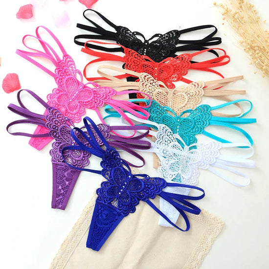 Assorted butterfly lace thong panties in multiple colors, delicate sheer fabric, strappy fit
