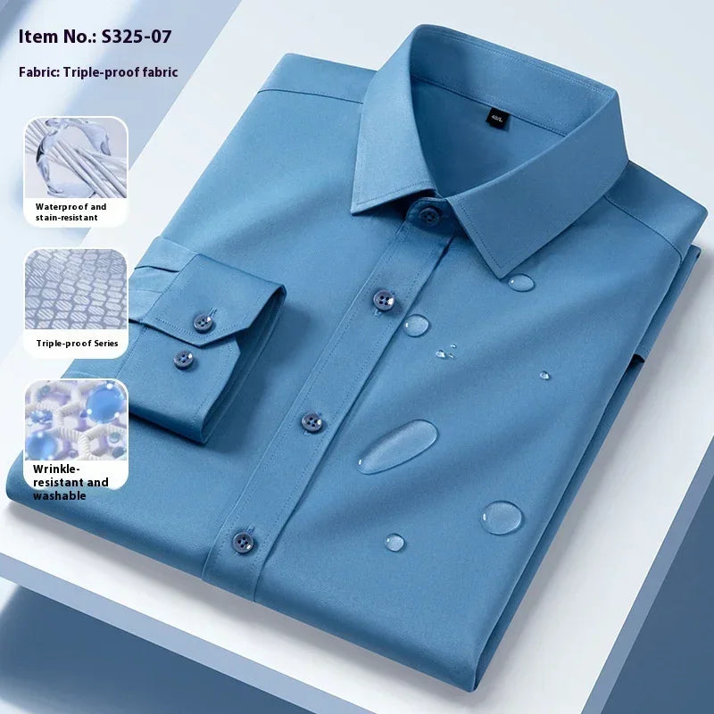 Folded blue button-up shirt with water droplets, wrinkle-resistant, waterproof fabric, slim fit.