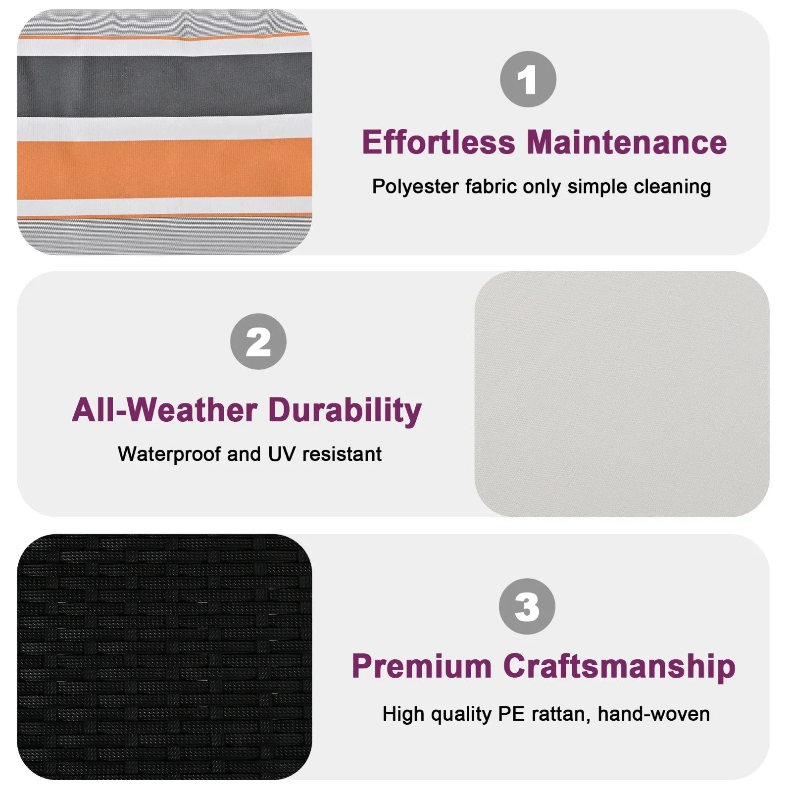 Polyester fabric swatch in gray, orange, and white stripes, plain waterproof fabric, and black hand-woven rattan texture showcasing outdoor furniture material quality.