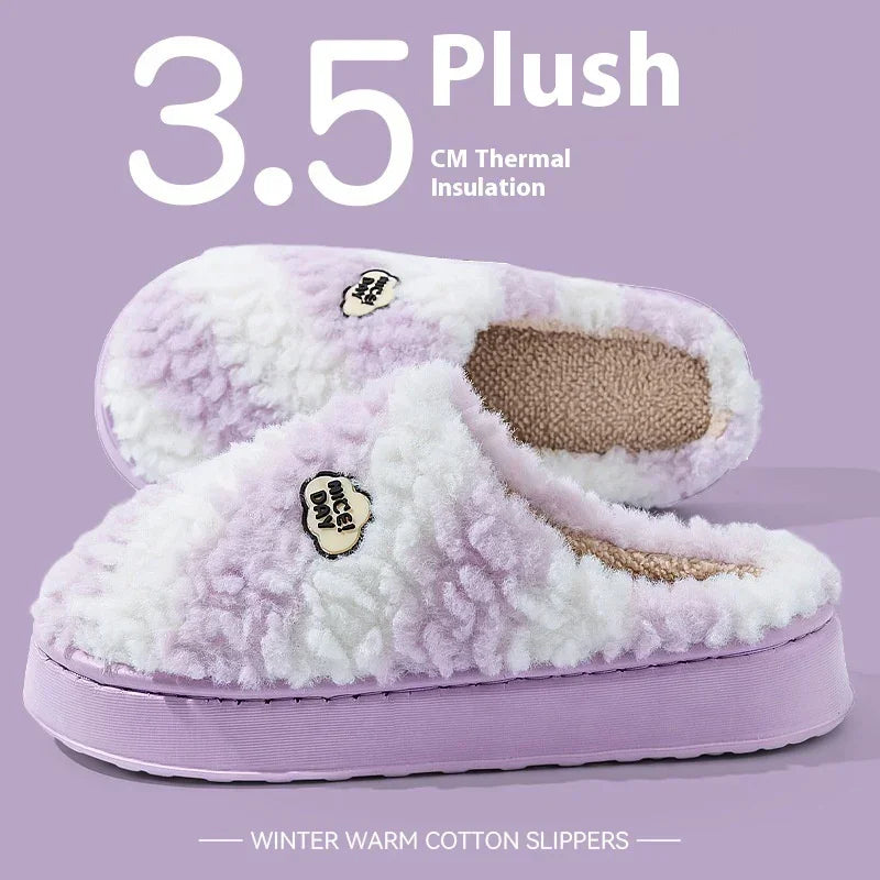 Purple and white plush winter cotton slippers with thick sole, fluffy cozy fit.