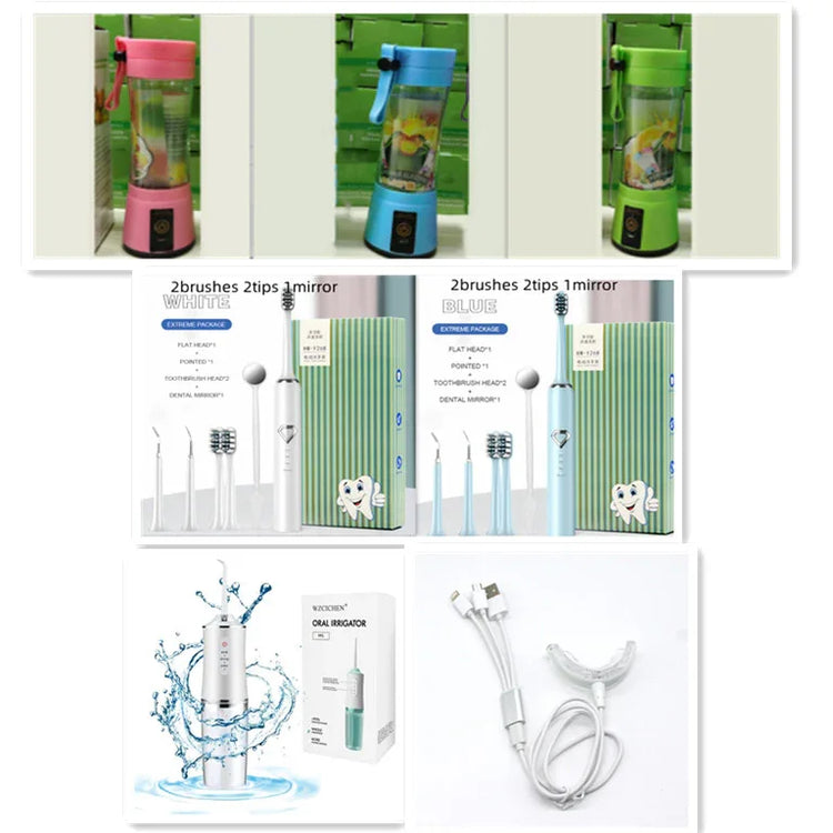 Assorted personal care gadgets including colorful portable blenders, electric toothbrushes, and a white oral irrigator with USB charging cable, all displayed against a neutral background.