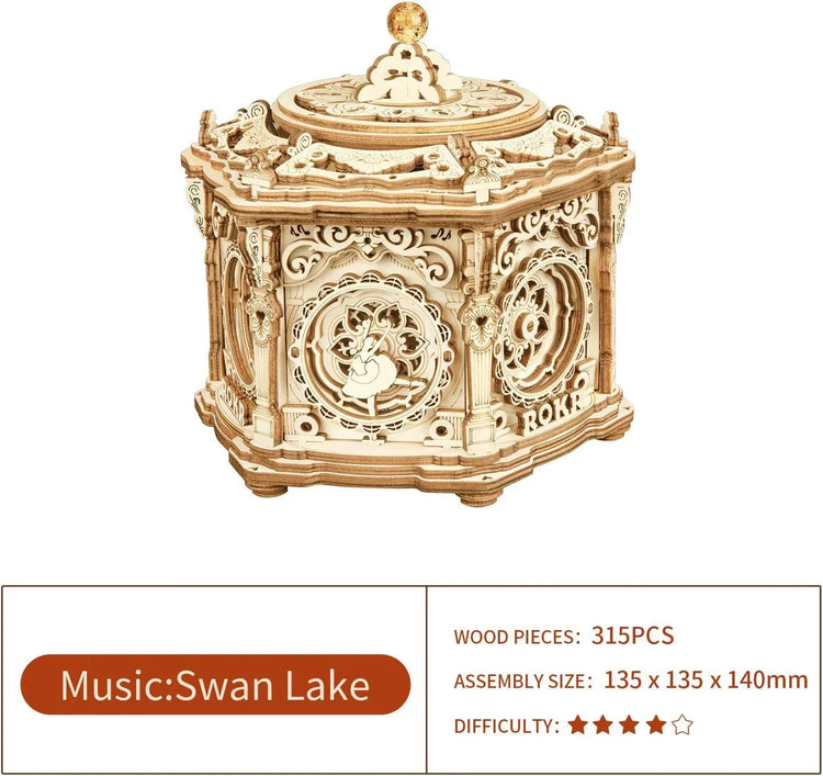 Intricate wooden mechanical music box puzzle with Swan Lake theme, laser-cut details, hexagonal shape.
