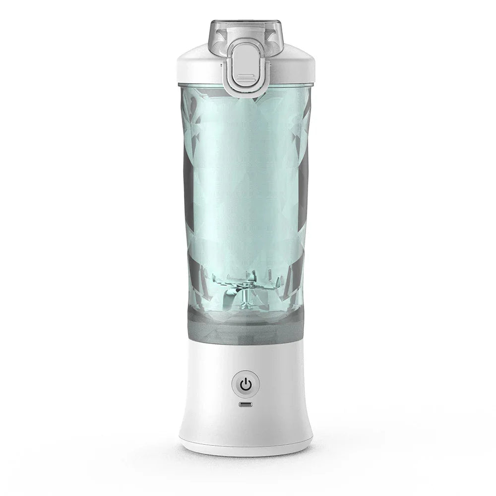 White and clear portable electric blender with geometric textured cup and power button