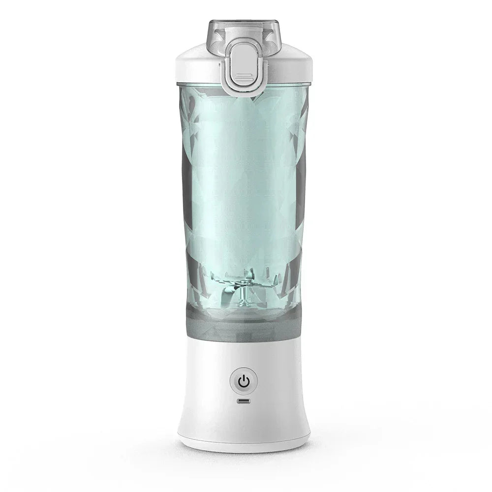 White and clear portable electric blender with geometric textured cup and power button