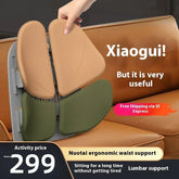 Ergonomic lumbar support cushion with brown and green padded sections on a sofa, adjustable fit.