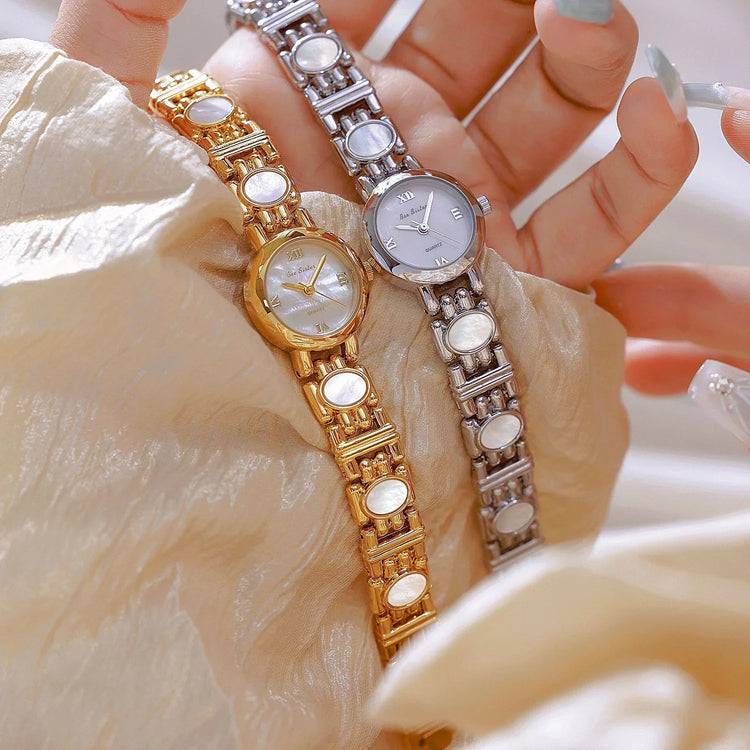 Gold and silver bracelet watches with mother-of-pearl dials, feminine and elegant style