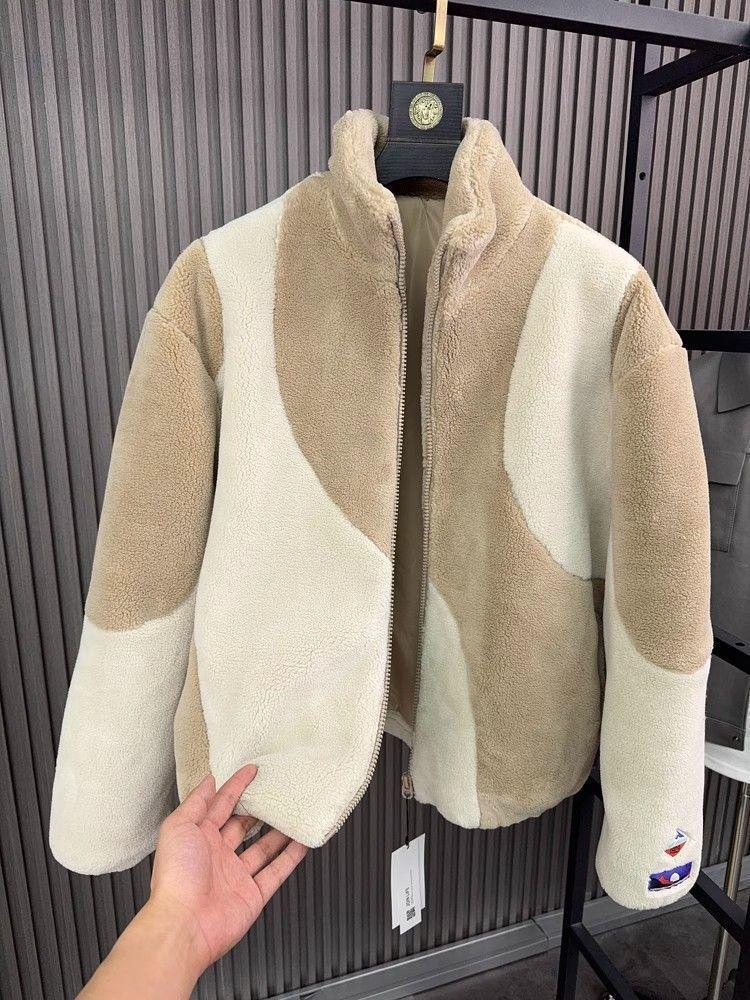 Beige and cream colorblock fleece jacket with relaxed fit and high collar, soft sherpa material