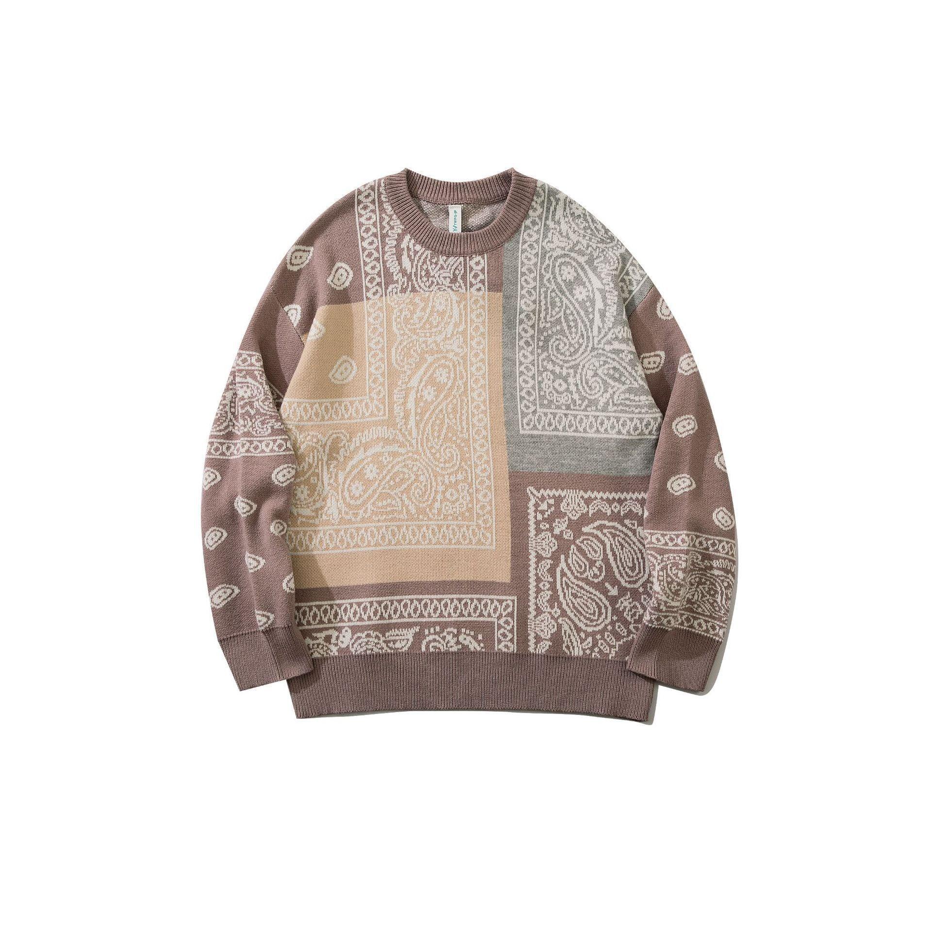 Oversized crewneck sweater in beige and brown patchwork paisley print, relaxed fit, knit material
